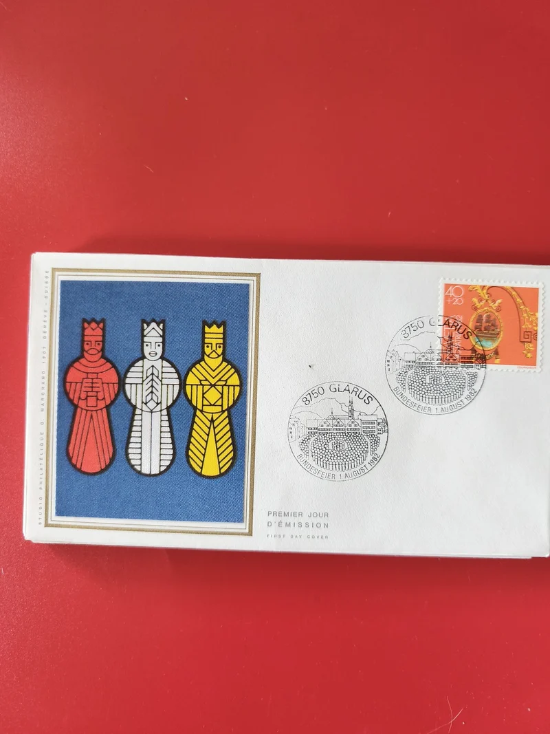 Enveloppe philatélie premier jour Glarus Suisse timbre 40c motif rois colorés