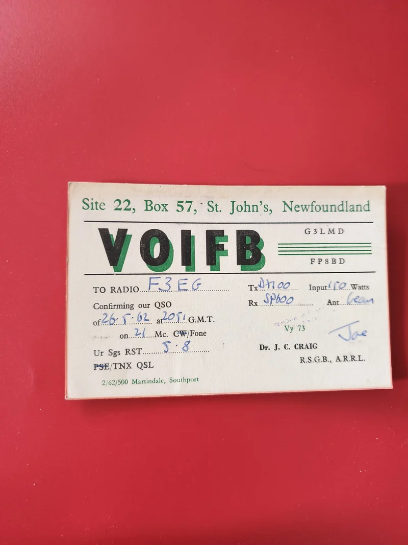 Carte radio QSL VO1FB St John's Newfoundland radioamateur QSO F3EG vert blanc