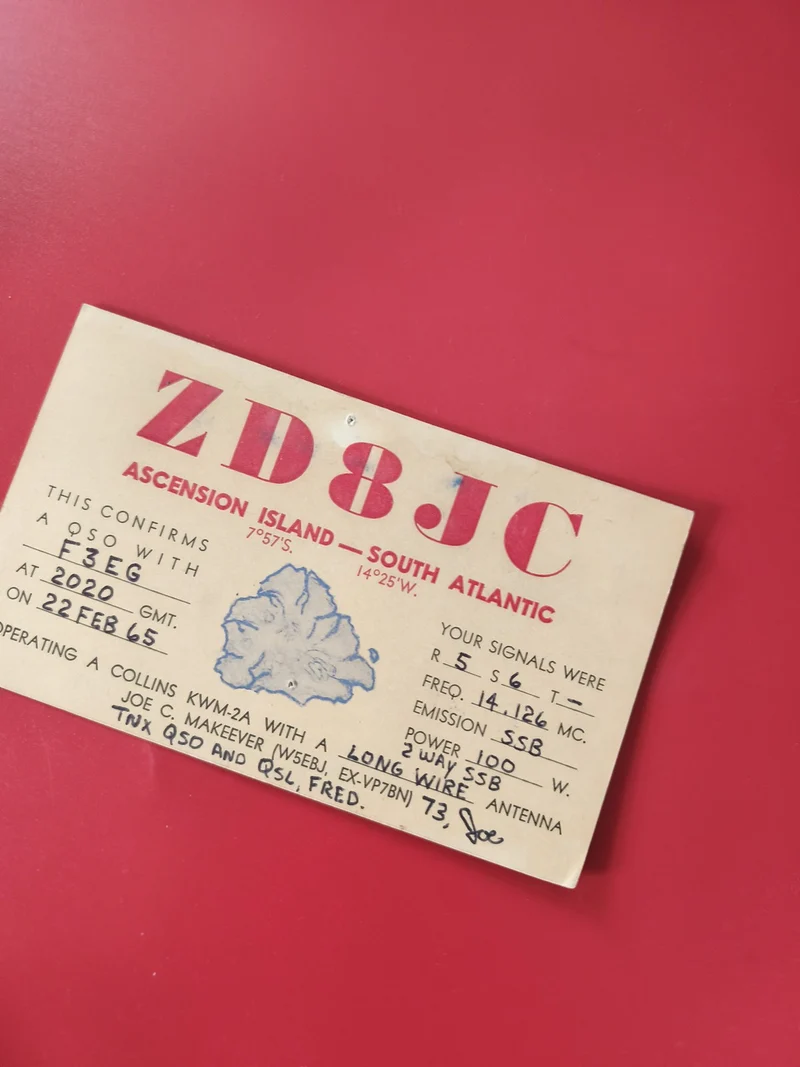 Carte radio QSL ZD8JC Ascension Island, impression rouge, d'occasion