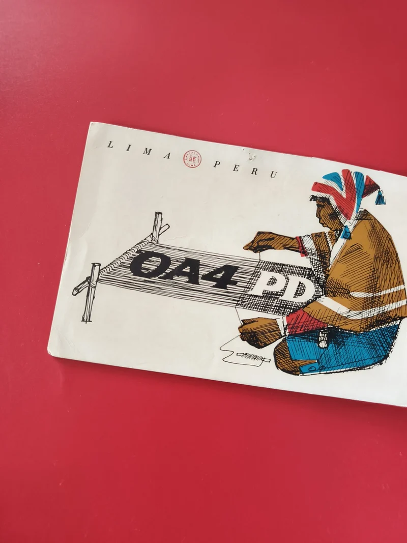 Carte radio OA4PD Lima Pérou illustration tisserand couleurs ? QSL ham radio