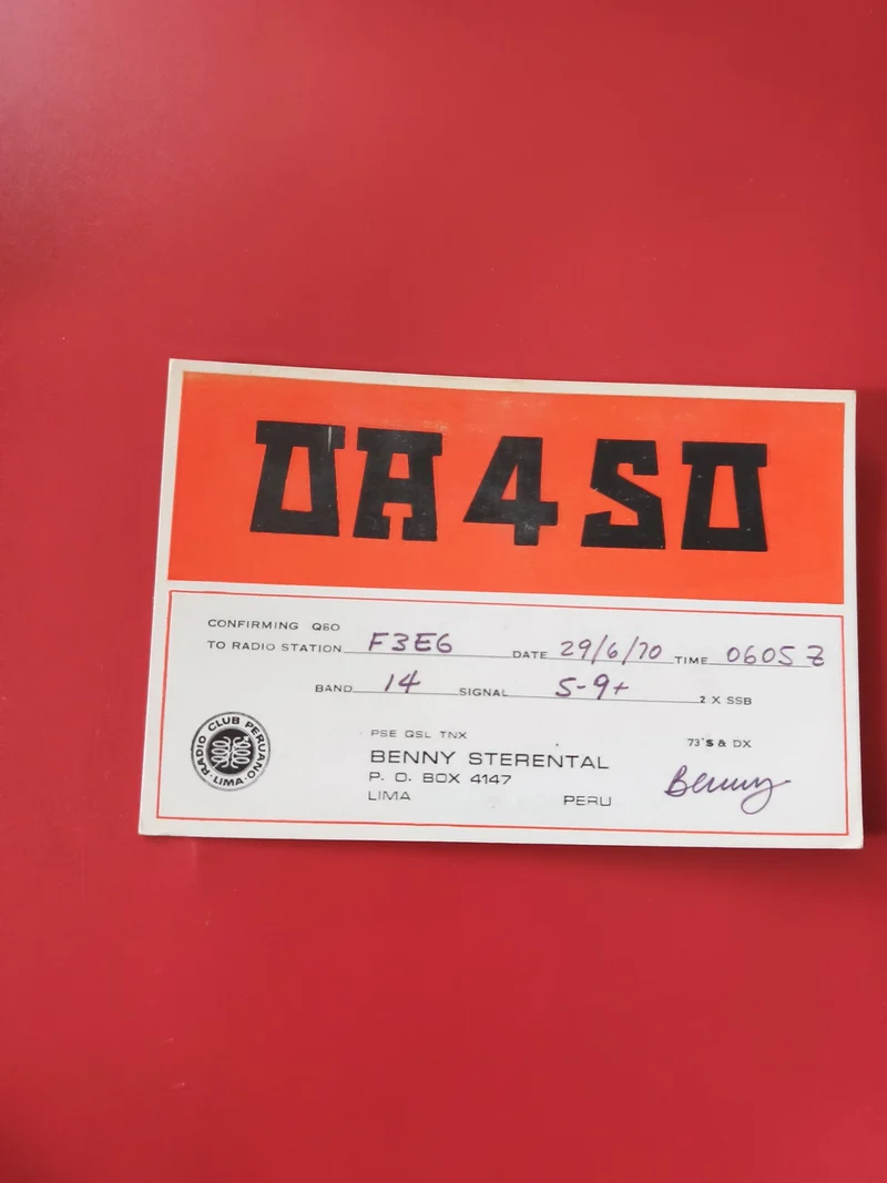 Carte radio QSL DA4SO orange et blanche, confirmation radioamateur Pérou