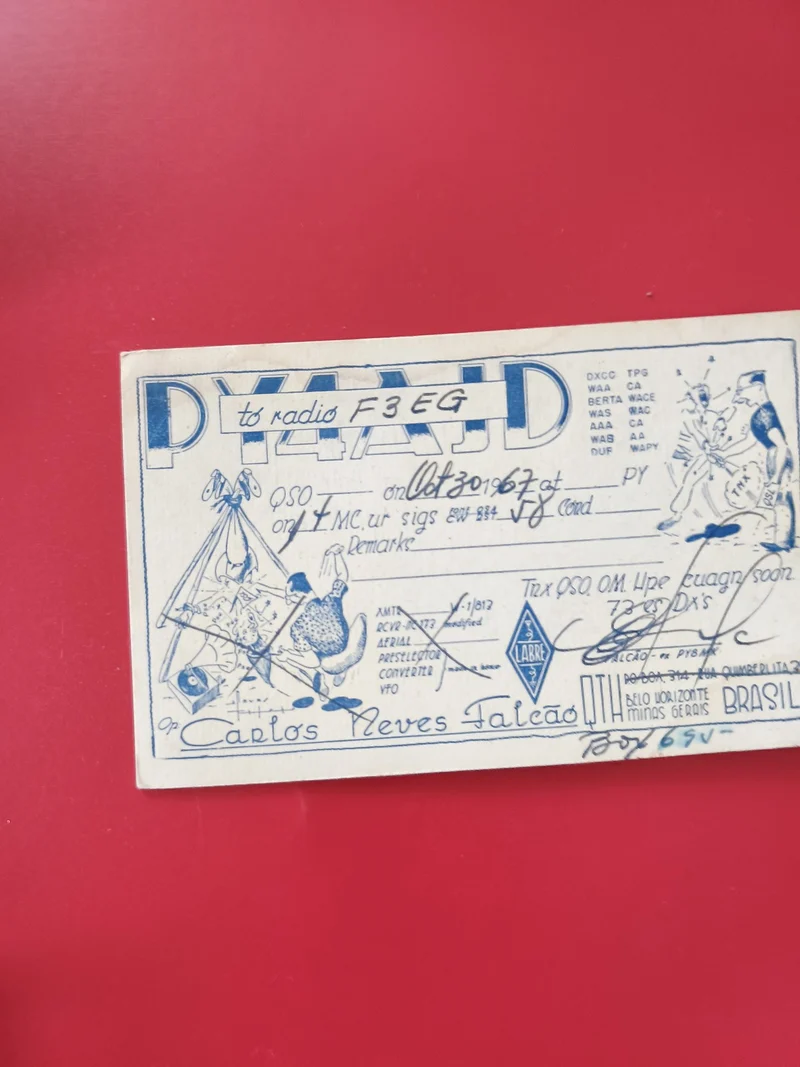 Carte radio QSL PY4AJD Brésil F3EG, illustrée bleue, occasion
