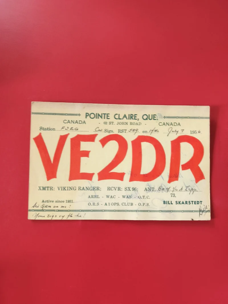 Carte radio QSL VE2DR Canada Pointe Claire radioamateur rouge et beige