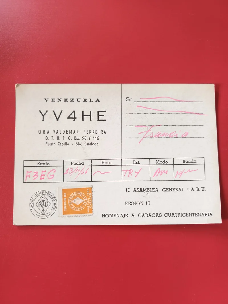 Carte radio QSL Venezuela YV4HE Valdemar Ferreira Puerto Cabello 1966