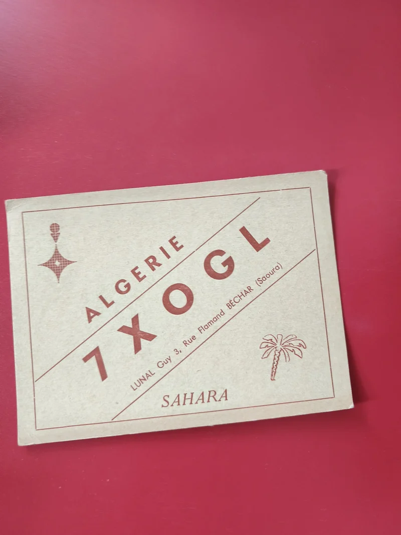 Carte radio 7X0GL Algérie Sahara Béchar indicatif radioamateur décor palmier