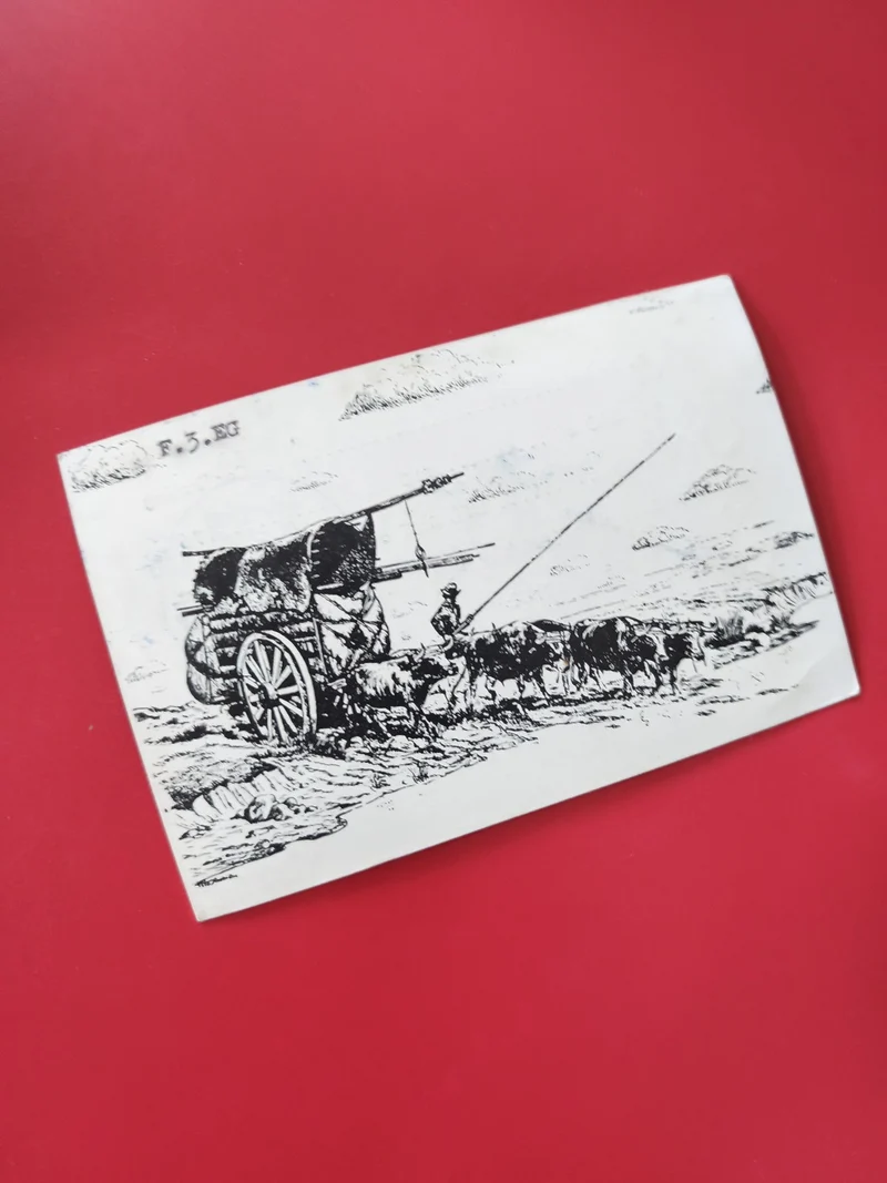 Carte radio illustration chariot et b?ufs noir et blanc sur fond rouge