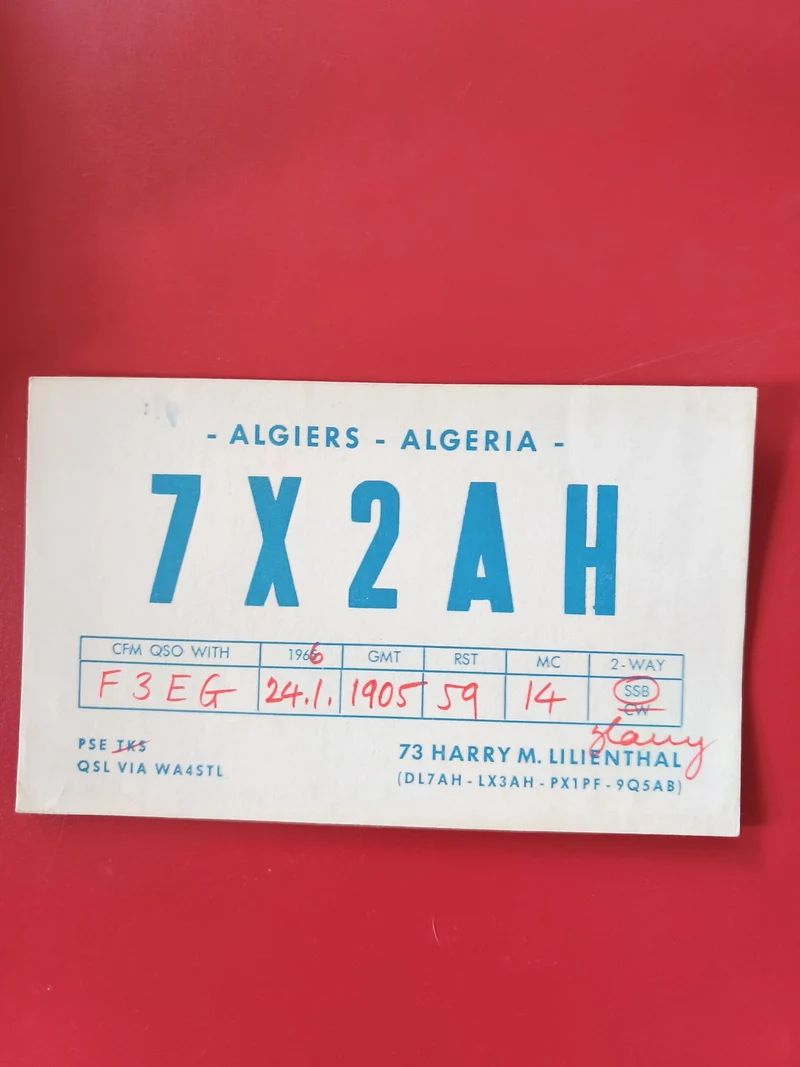 Carte radio QSL 7X2AH Alger Algérie, carte papier bleue, radioamateur