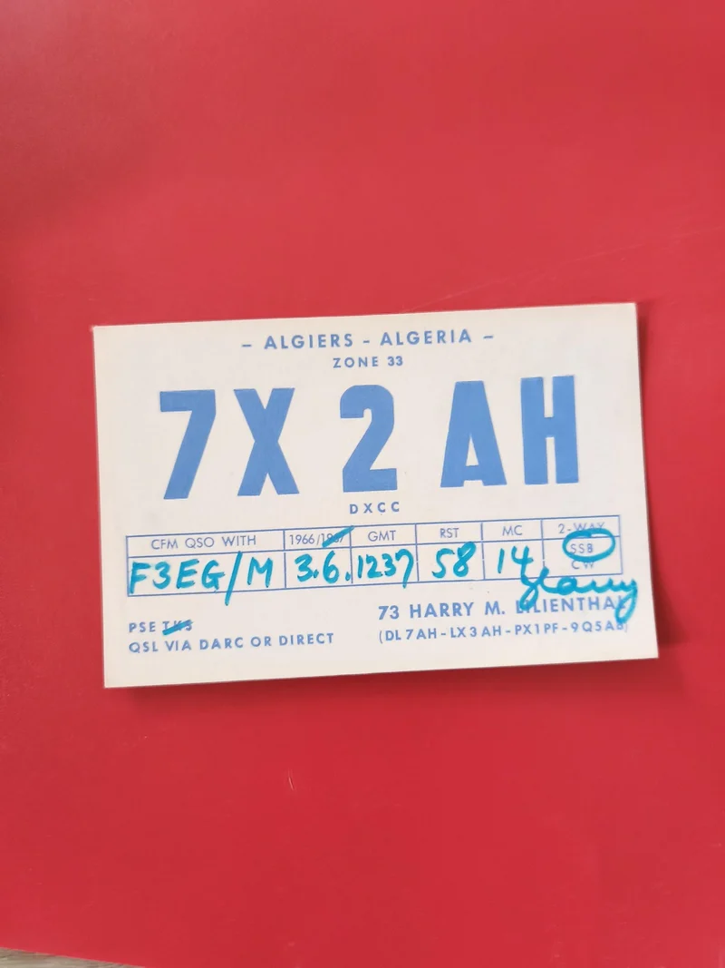 Carte radio QSL 7X2AH Algérie Algiers DXCC zone 33 indicatif bleu SSB