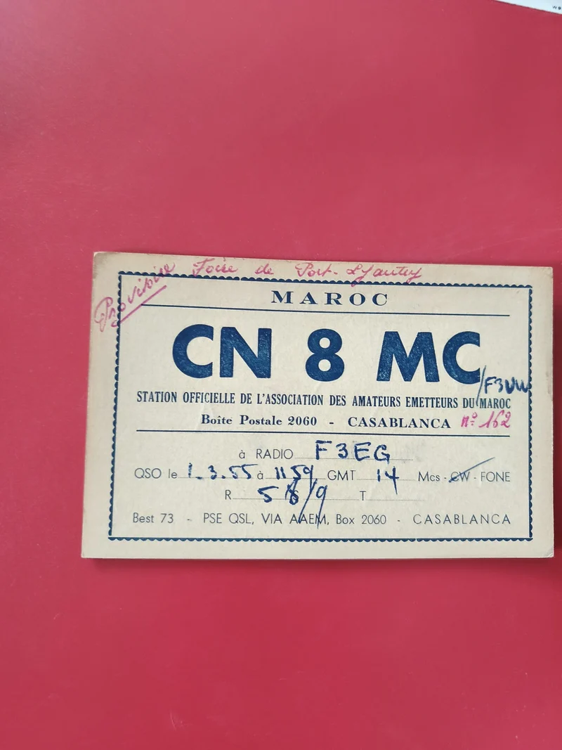 Carte QSL radio amateur CN8MC Maroc Casablanca F3EG écrite radioamateur