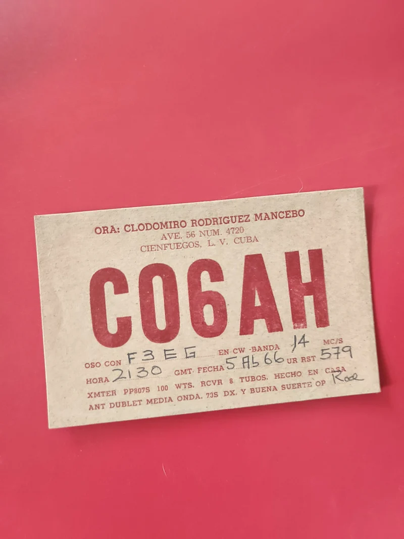 Carte radio QSL CO6AH Cuba communication radioamateur papier Cienfuegos