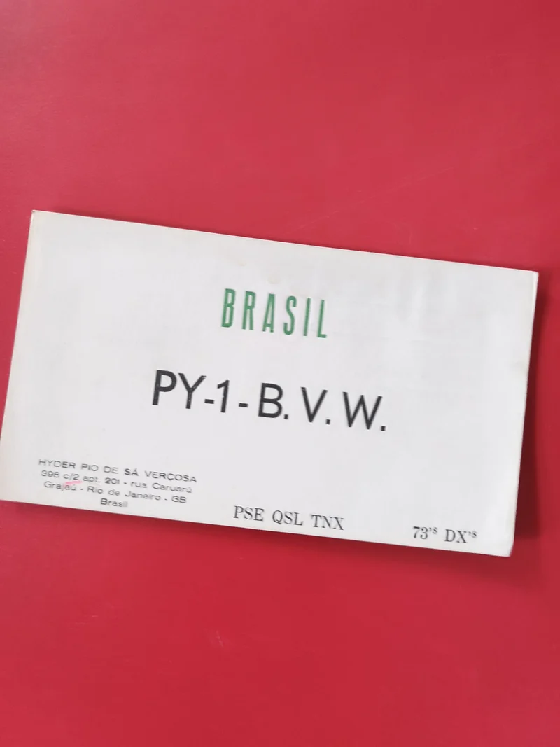 Carte radio QSL PY-1-B.V.W. Brésil, papier blanc, impression noire et verte