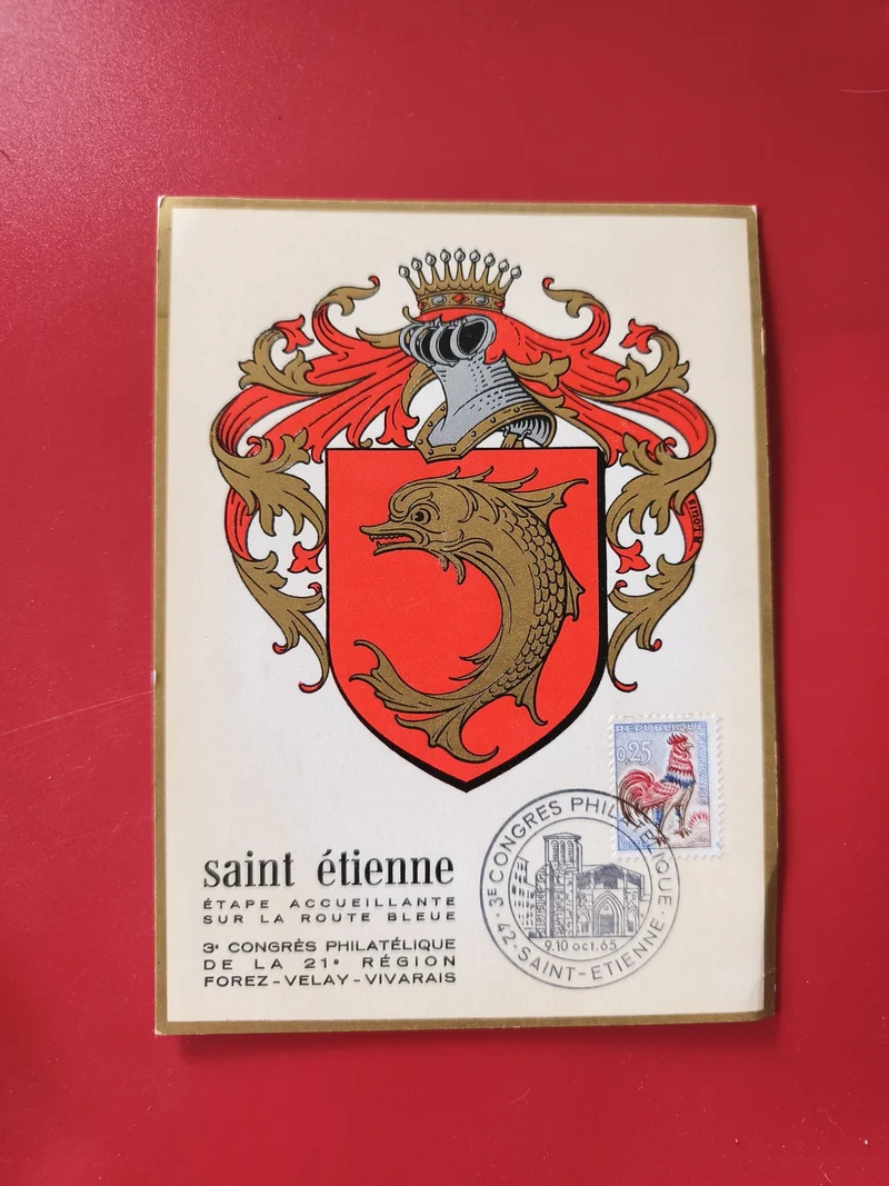 Carte postale philatélie Saint-Étienne blason écusson 3e congrès timbre 1965