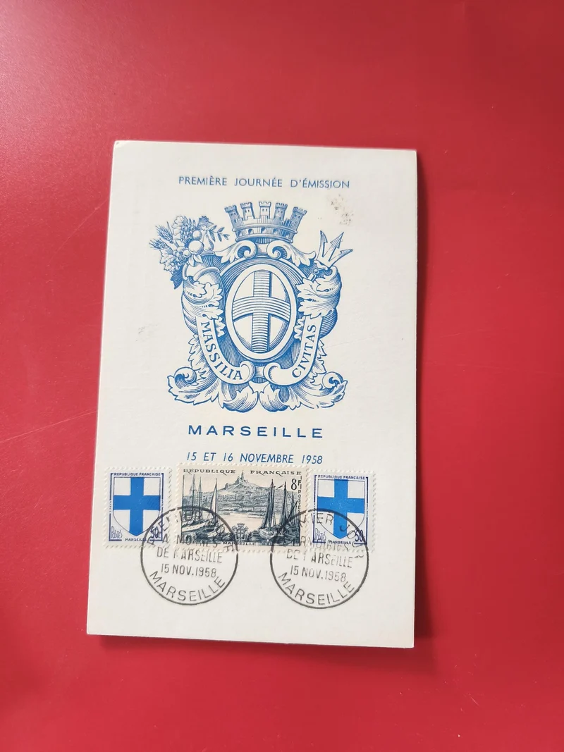 Carte postale philatélie Marseille 1958 timbres croix bleue et cachet premier jo