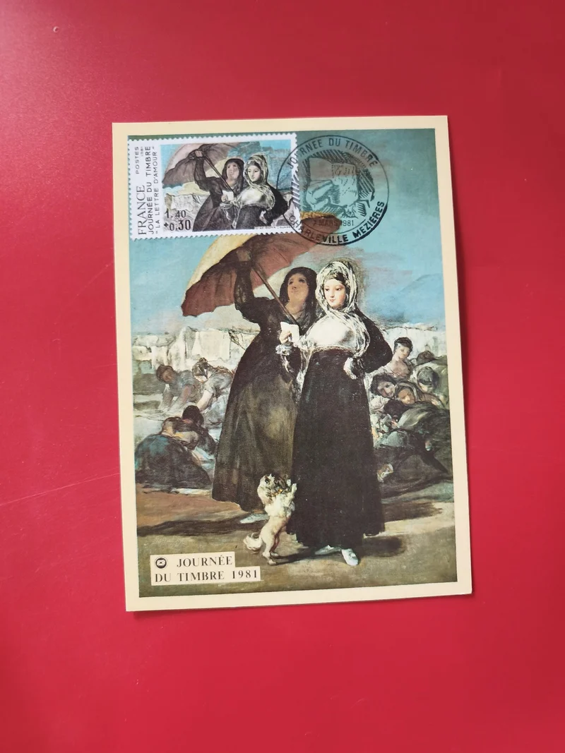 Carte postale philatélie Journée du Timbre 1981 illustration femmes parapluie