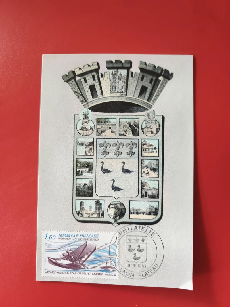 Carte postale philatélie blason ville, timbre hydravion, oblitération 1983
