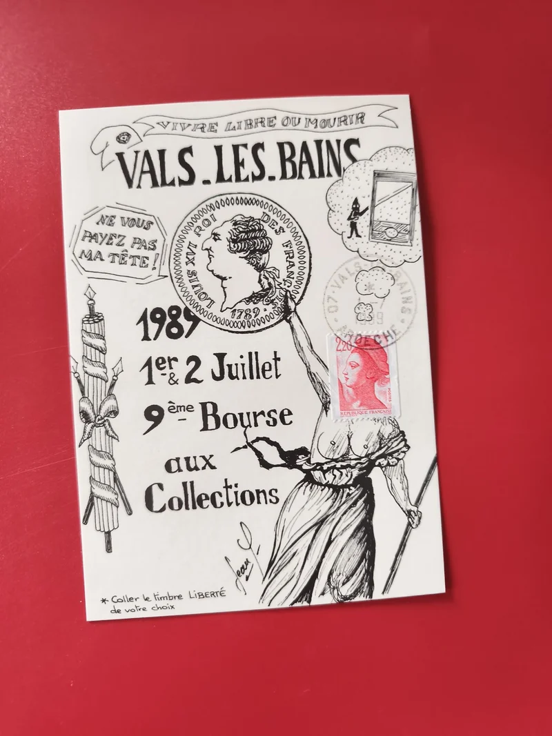 Carte postale philatélie Vals-les-Bains 1989 timbre Liberté illustration noire