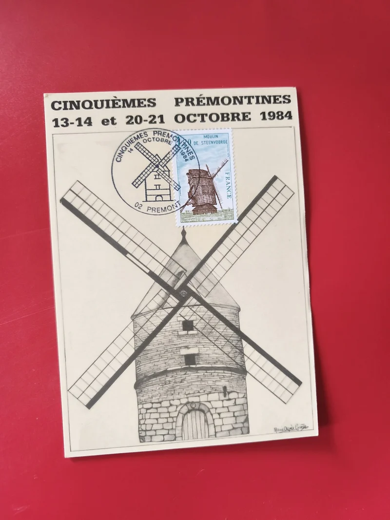 Carte postale philatélie moulin Prémontré 1984 timbre Steenvorde