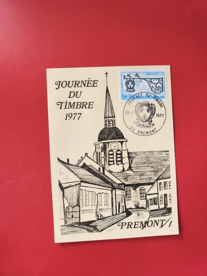 Carte postale philatélie Journée du Timbre 1977 Prémont timbre bleu