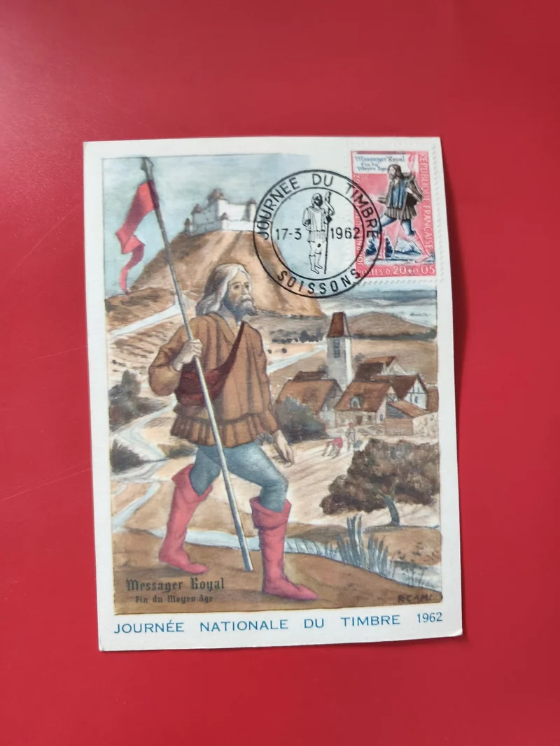 Carte postale philatélie Journée du Timbre 1962 Messager Royal Soissons
