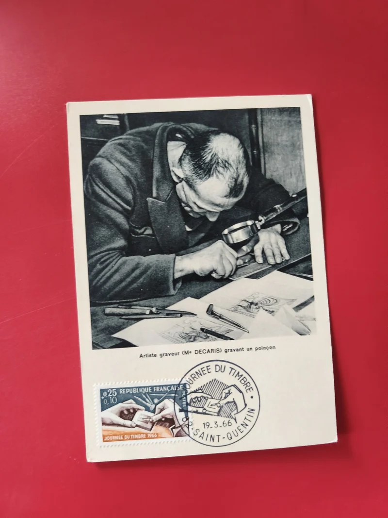 Carte postale philatélie Journée du Timbre 1966 Saint-Quentin oblitérée