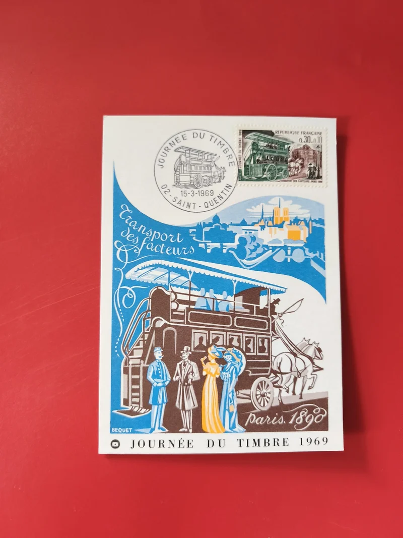 Carte postale philatélie Journée du Timbre 1969 Transport des facteurs Paris