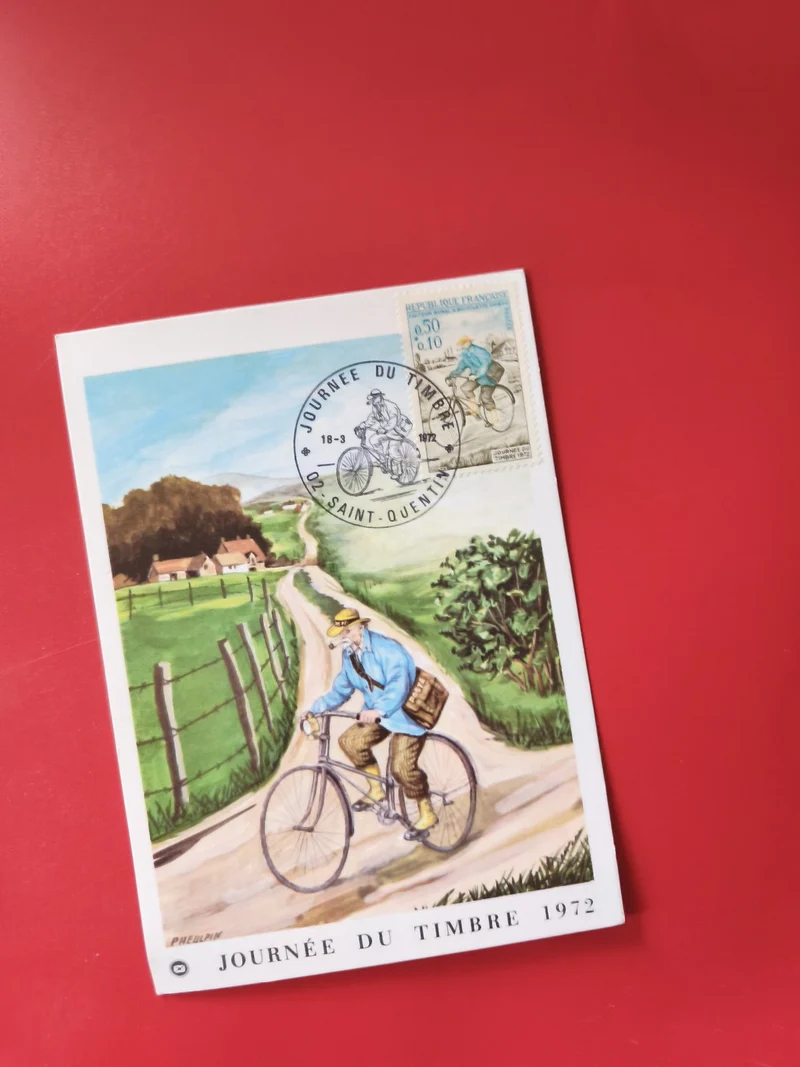 Carte postale philatélie Journée du Timbre 1972 facteur à vélo timbre oblitéré