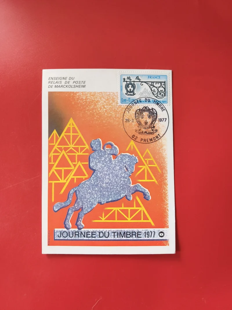 Carte postale philatélie Journée du Timbre 1977 chevalier fond orange bleu