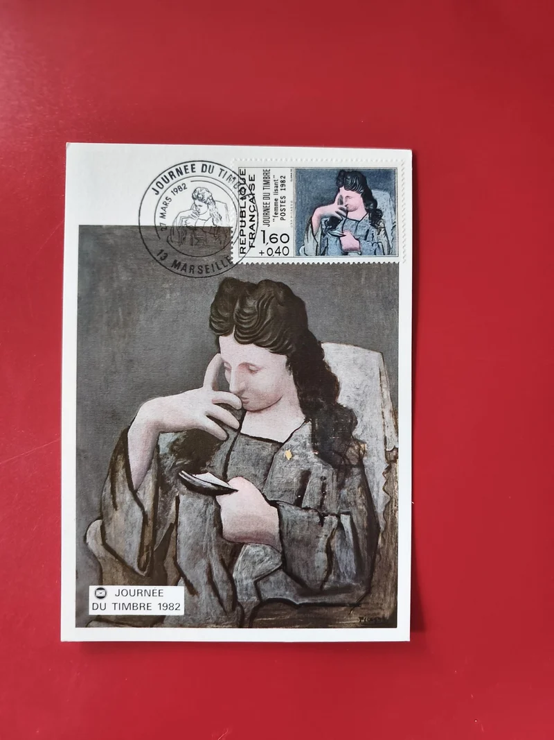 Carte postale philatélie Journée du Timbre 1982 Marseille illustration femme