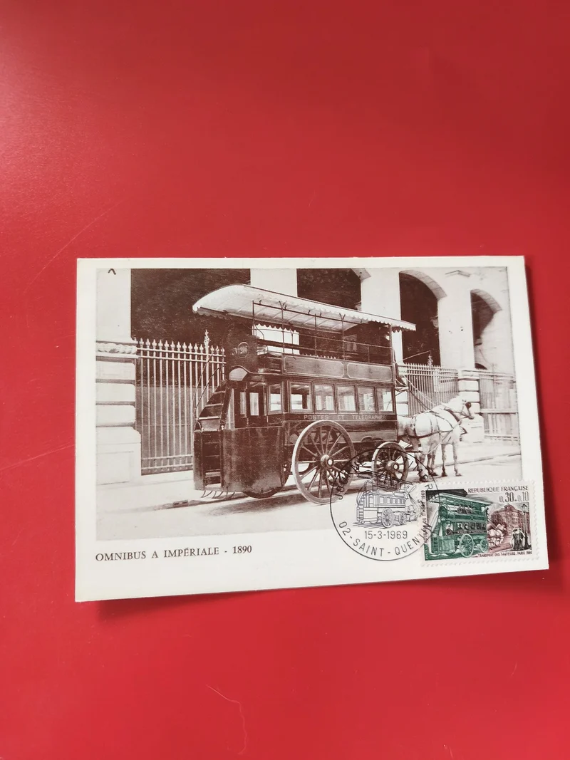 Carte postale philatélie omnibus à impériale 1890 timbre et cachet visible