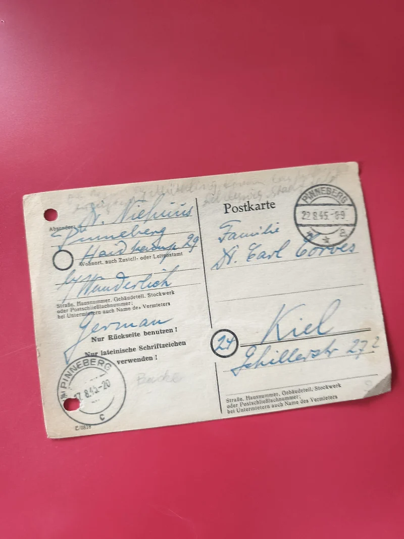 Carte postale philatélie Allemagne Pinneberg oblitérée écriture bleue