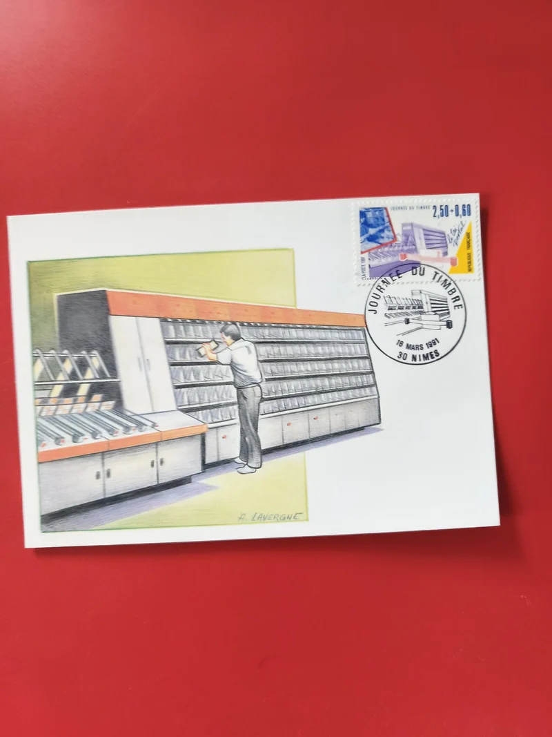 Carte postale philatélie oblitérée Journée du Timbre Nîmes illustration H. Laver