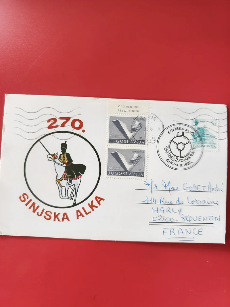 Carte postale philatélie Sinjska Alka timbres Yougoslavie cheval illustration