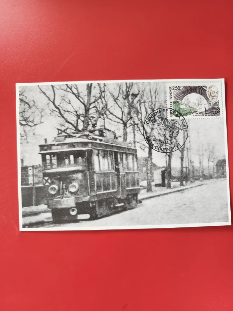 Carte postale philatélie tramway noir et blanc oblitérée La Courneuve