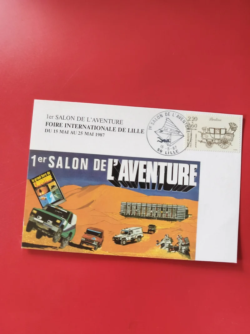 Carte postale philatélie 1er Salon de l?Aventure Lille 1987 timbre cachet