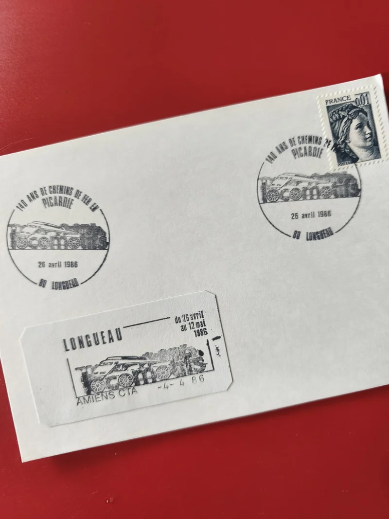 Carte postale philatélie Picardie 100 ans chemins de fer Longueau 1986 timbre