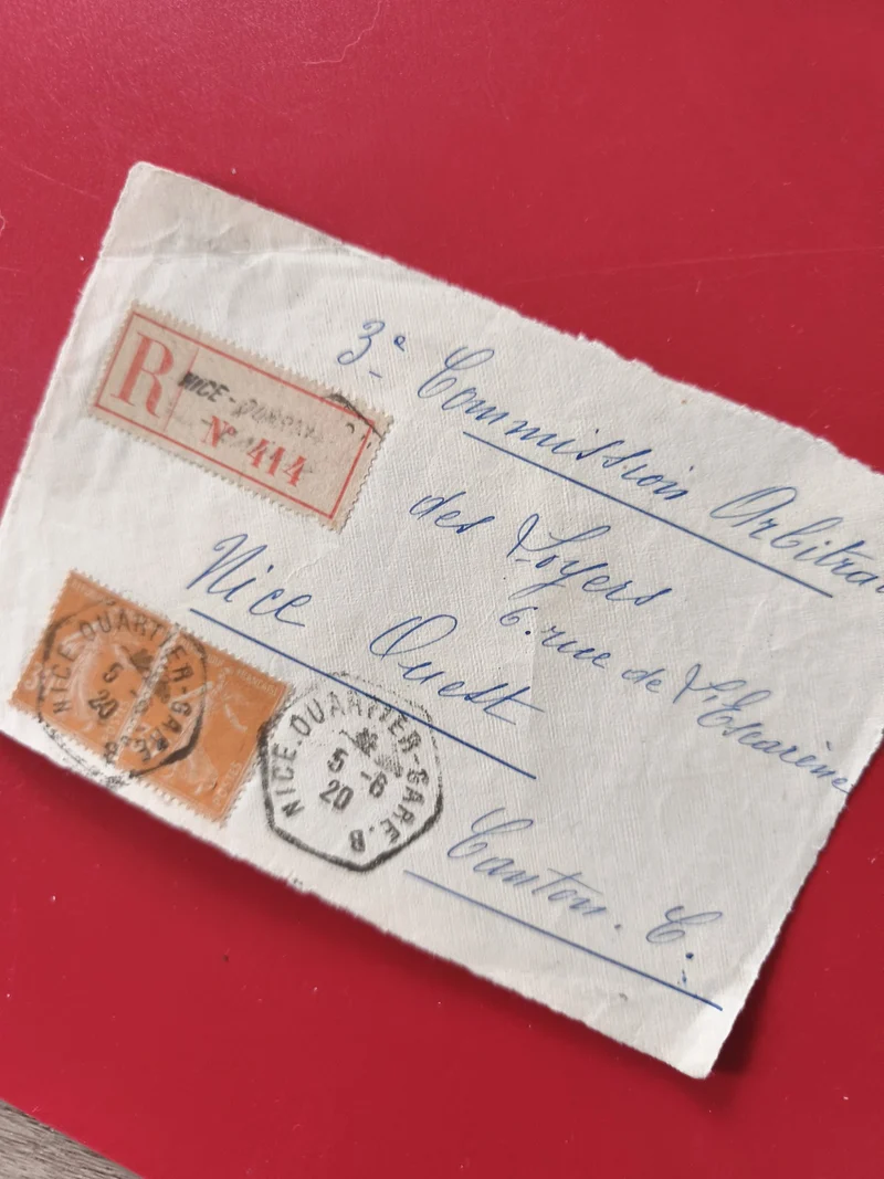 Carte postale philatélie oblitérée, cachets Nice, timbres orange, recommandée