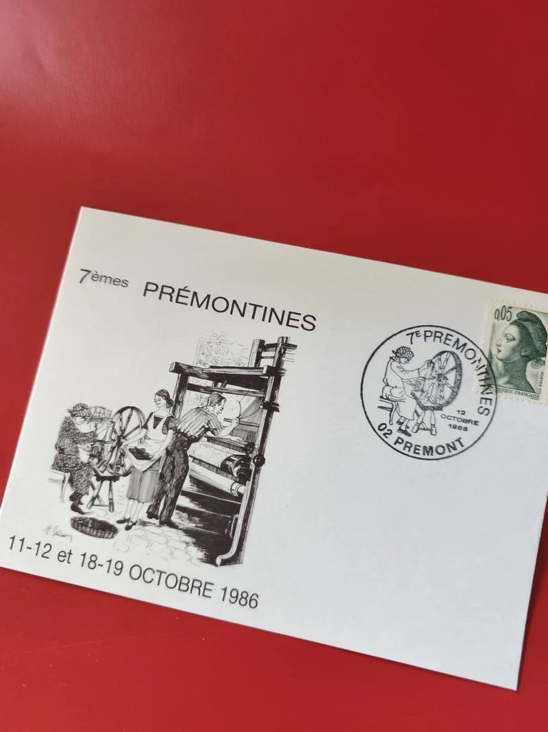 Carte postale philatélie 7èmes Prémontines 1986 oblitérée illustration métiers