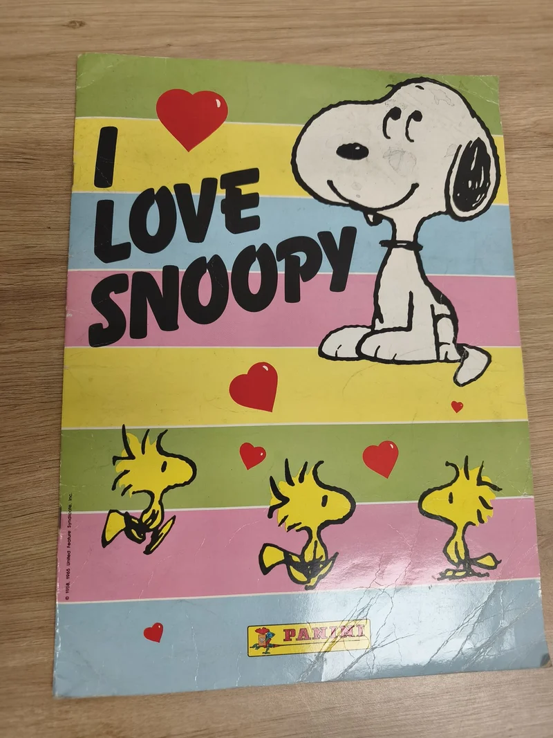 Vintage album Panini I Love Snoopy incomplet, couverture colorée Peanuts