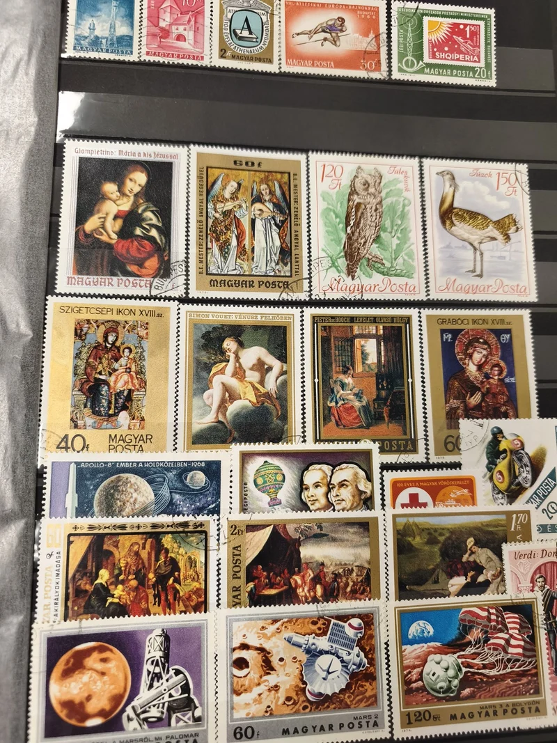 Lot de timbres thématiques illustrés Hongrie et Europe, motifs variés, d'occasio