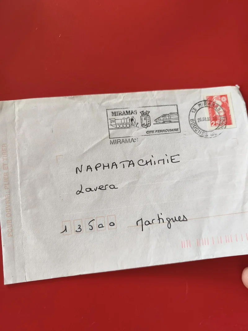 Enveloppe philatélie oblitérée Miramas 25c, cachet ferroviaire, écriture manuscr