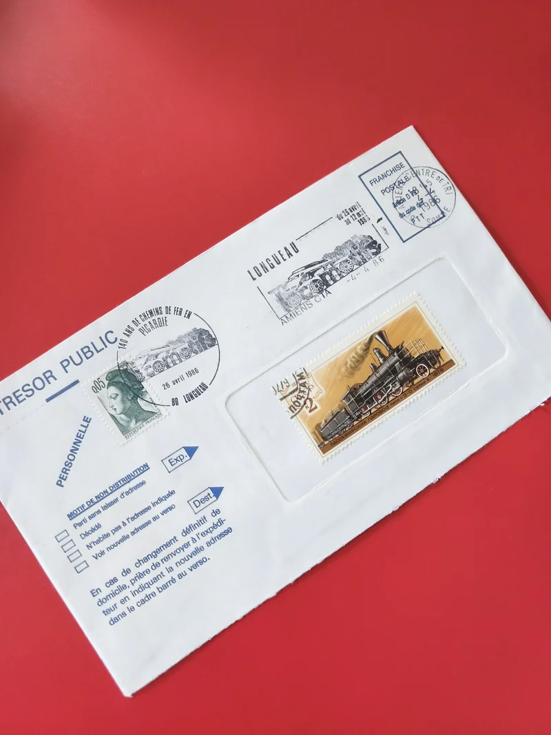 Enveloppe philatélie oblitérée, timbres Marianne et locomotive, Trésor Public
