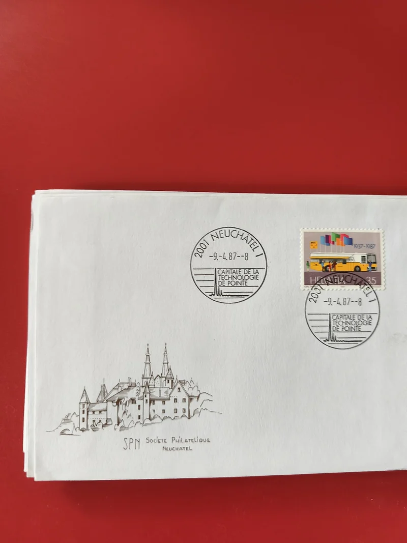 Enveloppe philatélie Neuchâtel SPM, timbre illustré et cachet 1987