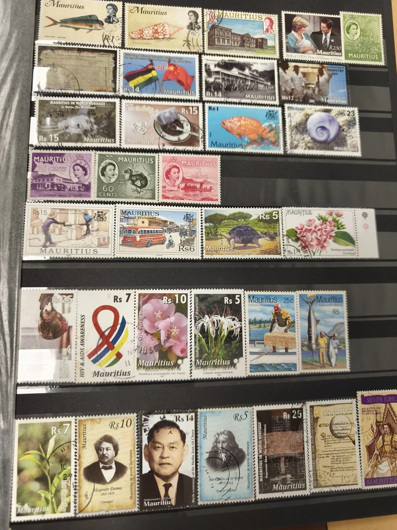 Lot de timbres île Maurice multicolores, thèmes variés, format standard, d'occas