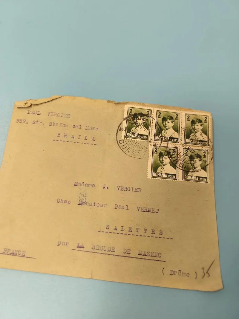 Ancienne enveloppe philatélie timbres Roumanie vert 2 Lei adressée France