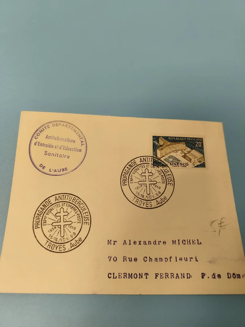Ancienne enveloppe philatélie propagande antituberculeuse Troyes Aube 1959