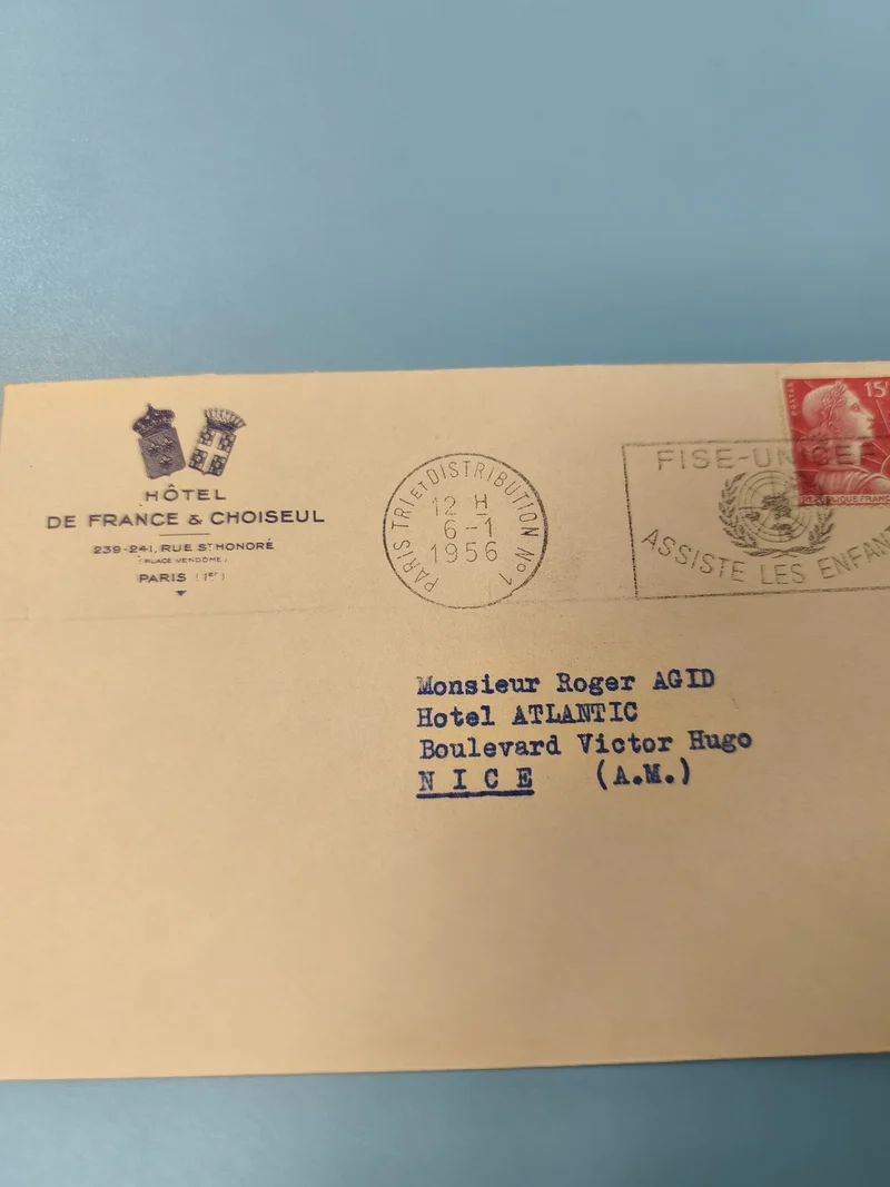 Ancienne enveloppe philatélie Hôtel de France Choiseul Paris 1956 timbre 15c