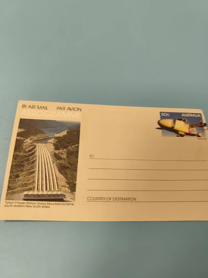 Ancienne enveloppe aérogramme Australie 50c, centrale Tumut 3, philatélie