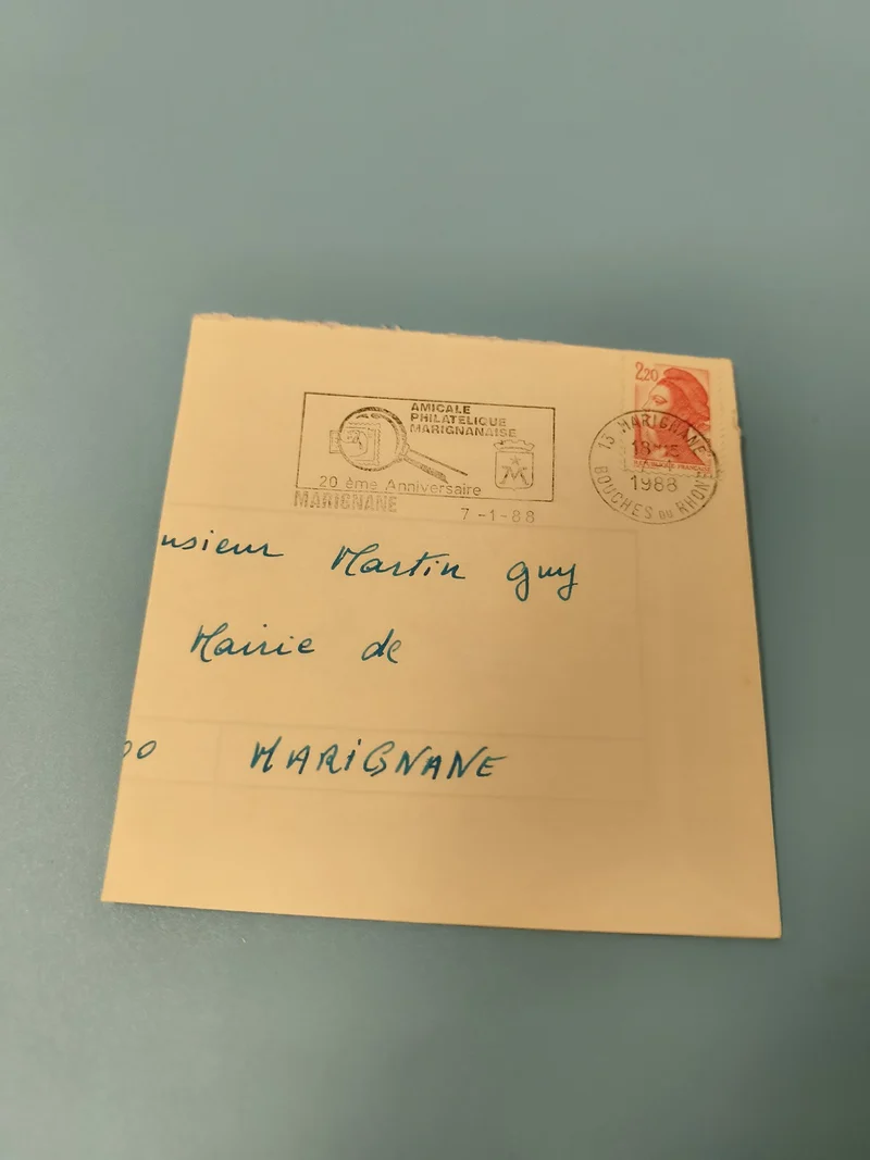 Ancienne enveloppe philatélie 1988 cachet Marignane timbre Marianne rouge
