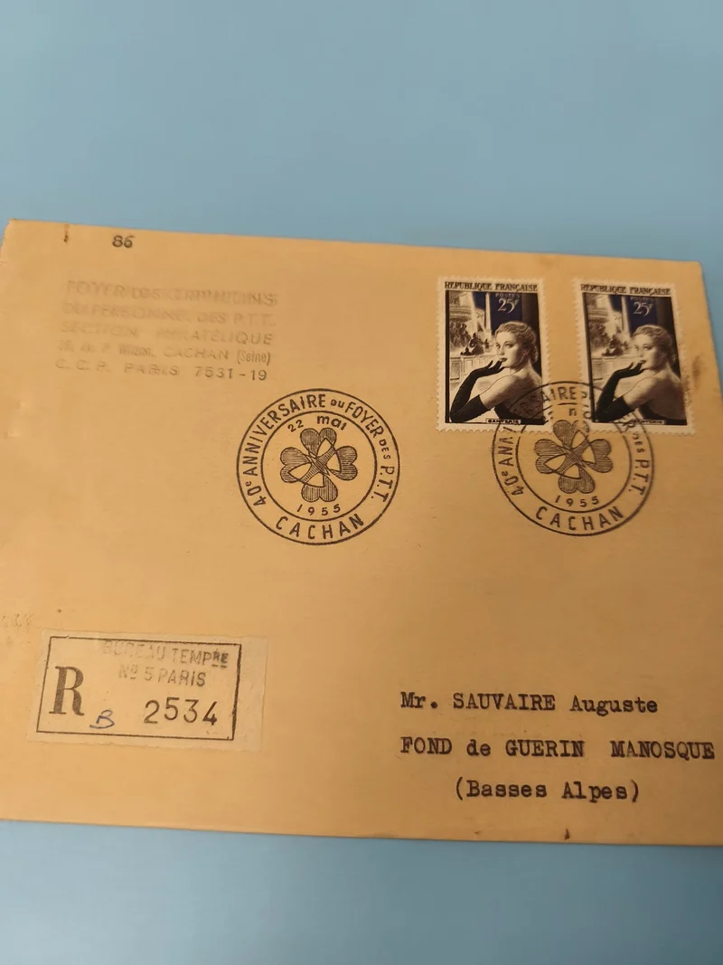 Ancienne enveloppe philatélie 1955 Foyer PTT Cachan timbres 25F recommandée