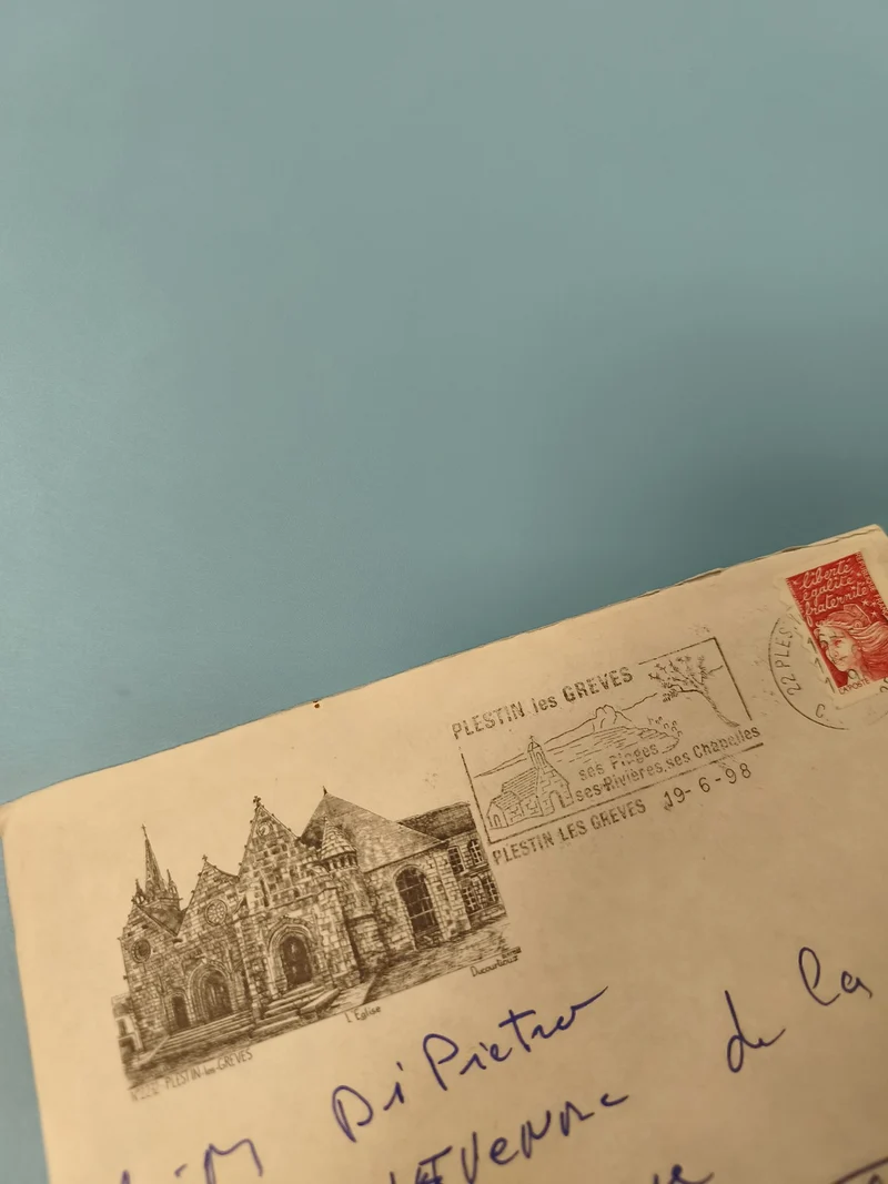 Ancienne enveloppe philatélie Plestin-les-Grèves cachet 1998 illustration église